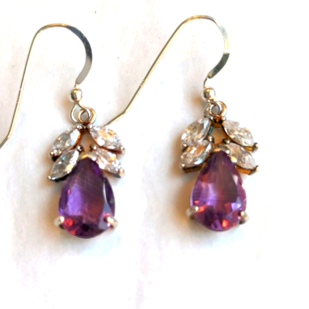 QVC Amethyst Sterling Silver & CZ earrings. New. Drop dangle, Shepard hook.  Box